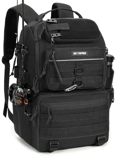 SKYSPER Sac de Pêche avec Rangement Grande 35L Sac à Dos Pêche pour Matériel de Pêche Multi-Poches Sac Tactique Militaire