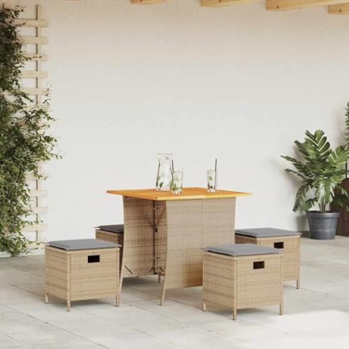 mzdioop Salon de jardin 5 pièces en polyrotin avec table et coussin en bois d'acacia, résistant aux intempéries, pour terrasse, balcon, véranda, tabourets empilables, salon d'extérieur pour se