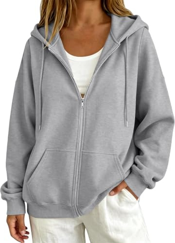Zipped Hoodies for Women UK Oversized Zip Up Casual Sweatshirts with Pockets Solid Color Long Sleeve Hooded Jackets Lightweight Soft Plus Size Sweaters Cardigan Ladies 2026 Fashion Fall Winter Outfits