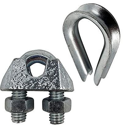 DOJA Barcelona | 25 uds de Sujetacables de Estribo M5 + 25 uds de Guardacabos M3 | 25 Dedales de Cable Acero + 25 Perrillos para Cables de Acero | Abrazadera Cable Acero para Cable Tendedero Exterior