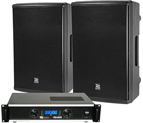 Power Dynamics PDA-B500 - Sistema de Sonido Profesional con Amplificador Potente, Altavoces PD412P de 12, 300W RMS, Crossover Integrado y Cables de Altavoz de 5m, Ideal para Eventos y música