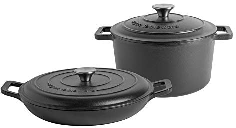 Argon Tableware Casserole Dish Cast Iron Shallow Enameled Dutch Oven Pan with Self-Basting Lid for Roasting, Braising, Stews and Curries - 4.5 Litre - Matte Black - 2 Sizes