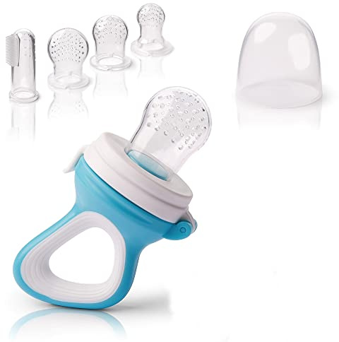 IFancy Fruchtsauger Baby & Kleinkind + 3 Silikon-Sauger in 3 Größen + 1 Baby-Zahnbürste | Zahnungshilfe Baby Schnuller | Beißring, Obstsauger Gemüse, Brei Beikost | Blau/Weiss