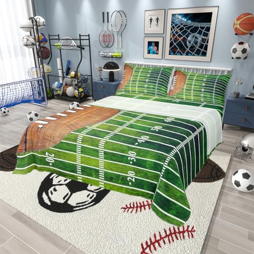 American Sport Football Bed Sheets Set Twin for Boys Bedroom Decor,Sports Games Fitted Sheet Football Field Illustration Bedding Set 3Pcs (1 Fitted Sheet+1 Flat Sheet+1 Pillowcase),Green Brown