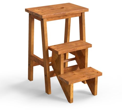 Giantex Folding 3 Tier Step Ladder, Multifunction 3-in-1 Wood Step Stool with Anti-Slip, Convenient Handle, Display Ladder and Storage Shelf for Library, Home Kitchen, Household Work, Garage (Coffee)