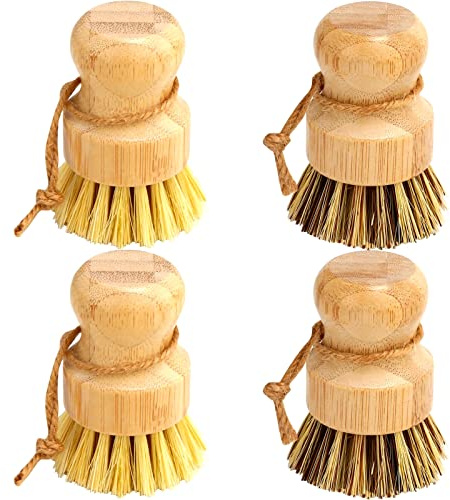 Bamboo Dish Brush Set, 4 Pcs Palm Wooden Dish Scrubber Brush, Dish Brushes, Durable Wood Dishes Scrub Brush, Natural Round Vegetable Cleaning Pots Pans Sink Washing Kitchen Brush by Aisuly
