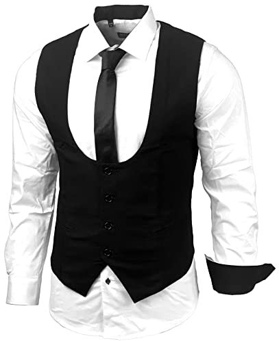 Herren Hemd Weste Krawatte Set Business Anzugweste Westen Slim Fit Smoking Frack Business Herrenanzug-Set Sakko B-101, Farbe:Weiss/Schwarz, Größe:XL