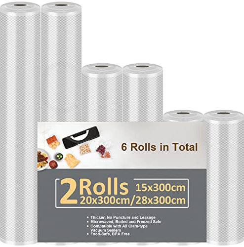 6 Rolls Vacuum Food Sealer Rolls, Vacuum Sealer Bags, 15/15x300cm+20/20x300cm+28/28x300cm Vacuum Food Sealer Bags, Vacuum Sealer Machine Bags