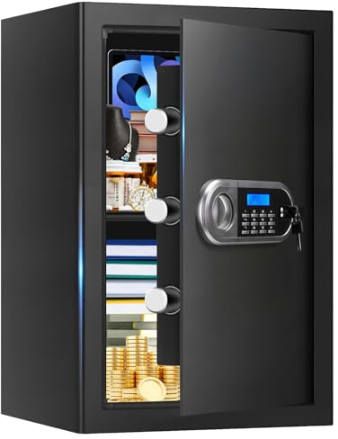 Grand coffre-fort pour usage domestique résistant au feu et à l'eau, boîte de sécurité numérique antivol avec clavier programmable et clés de rechange, coffre-fort domestique étanche et ignifuge pour