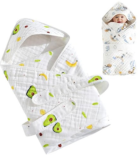 VEIYI Babydecke für Neugeborene 100% Baumwolle Baby Puckdecke mit Kapuze & Gürtel Sommer Musselin Babydecke dünne und atmungsaktive Pucktuch Baby Geschenk Mulltuch Mädchen Junge - 90 x 90 cm - Avocado