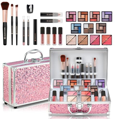 Color Nymph Starter Makeup Kit for Tweens Girls, Train Case for Women Full Kit with Eye Shadow, Lipstick, Blush, Brushes, Lipgloss, Mascara, Brow Wax and Mirror Pink Full Starter Cosmetics Set