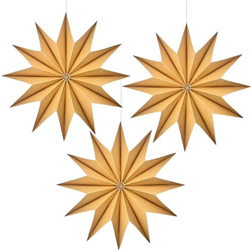 Lot de 3 étoiles pliantes de Noël de 30 cm - En papier - Couleur bois - 12 branches - Étoiles en papier à suspendre - Décoration d'étoiles pliantes à suspendre - Étoiles de Noël