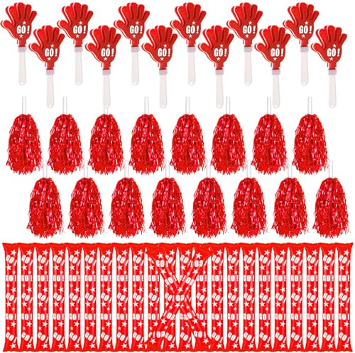 Hungdao 60 Pcs Noise Makers Homecoming Football Favors Include 24 Thunder Sticks Cheer Sticks 12 Hand Clapper 24 Cheerleading Pom Poms for Sporting Events Pep Rally Supplies(Red)