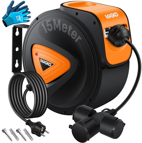 MASKO® Automatik Kabeltrommel Verlängerungskabel 15m mit 3-Fach Anschluss 180° drehbar 1,5m Zuleitung Wandhalterung Werkstatt Kabelaufroller Automatisch Stromtrommel Schlauchaufroller Inkl. Handschuhe