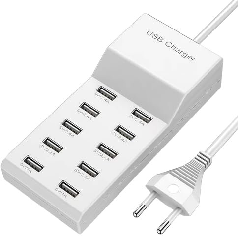 LEKEFET - Cargador USB múltiple (50 W, 10 puertos, conexión individual 5 V/2,4 A/1 A, fuente de alimentación USB, estación de carga, para iPhone, iPad, Samsung Galaxy Pixel, Huawei), color blanco