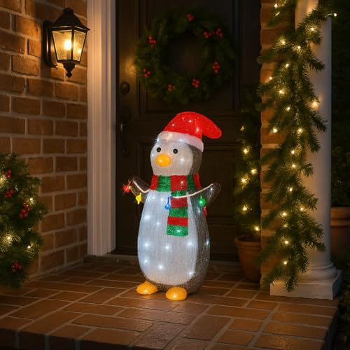 Addobbo Natalizio Pinguino Luminoso da Esterno con 48 LED e Effetto Lampeggiante, Figura Decorativa per Giardino e Vetrine 45cm - Varzi dal 1956