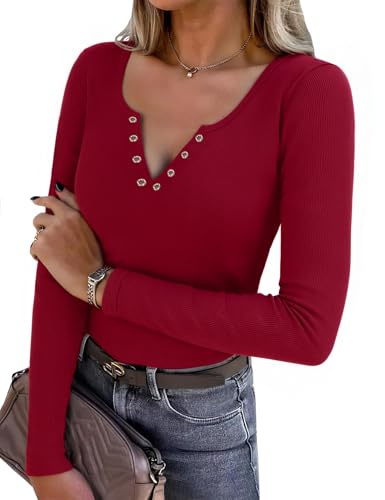 Aottori Maglia Donna Manica Lunga Scollo a V con Bottoni Costine | Slim Fit, Maglietta, Aderente Elasticizzato, Basic Tops, Elegante, Tinta Unita, Casual, Primavera Autunno