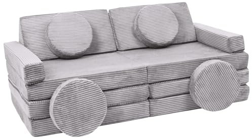 Velinda Spielsofa Modulsofa Spielmöbel Kindersofa Familienmöbel Bausteine-Set + Lenkrad (Farbe: grau (Cord))