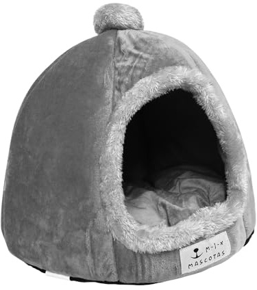 Cama Cueva Cerrado para Gato Perro pequeño Felpa cálida y Base Antideslizante Plegable fácil de Limpiar (Gris, 33x33x35cm)