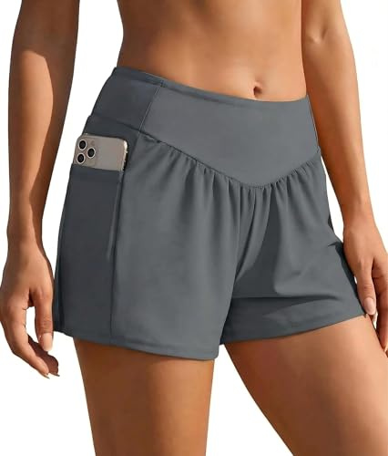 Ekouaer Short de Bain Femme Eté Bain Shorty Bas de Maillot Natation Short Élastique Plage Shorts avec Poches S-XXL | Double couche avec slip intérieur boxer, large taille élastique, poches latérales, jambe large, plus sportif