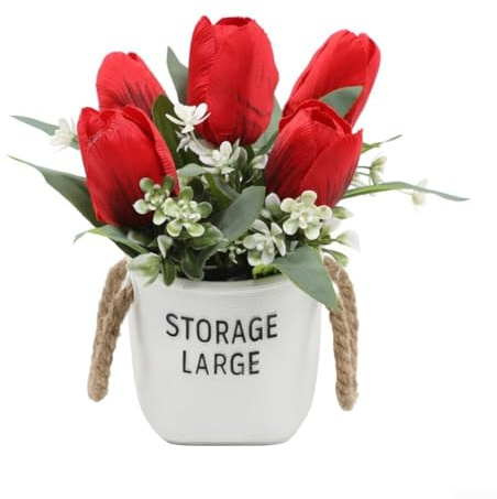 Pianta artificiale realistica di tulipano in vaso, piante in vaso in miniatura, fiore di seta per decorazione domestica, tavolo di nozze e scrivania (rosso)
