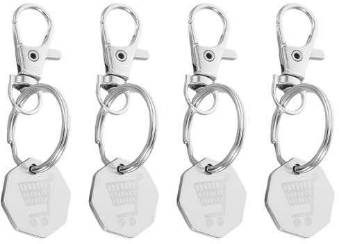 TEHAUX 4pcs Stainless Steel Grocery Cart Keyring with Quarter Token Keychain, Mini Trolley Coin Holder for Shopping Cart Accessory, Metal Keyring for Everyday Use