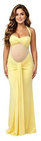 Cichic Maternity Mermaid Dress, Yellow, Spaghetti Strap, Ruched Bodycon Gown for Baby Shower, Photoshoot, Wedding Guest