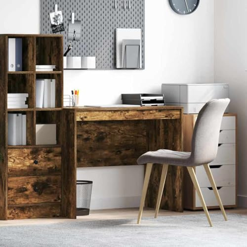 Runheo Skrivbord rökt ek 90 x 50 x 76 cm, trämaterial, kompakt kontor, arbetsbord för hemmakontor, barn, ungdom med hylla, utrymmesbesparande, ergonomiskt