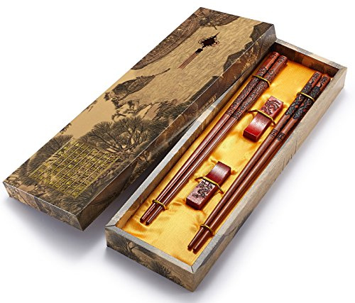 Chopsticks Reusable- Chinese Style, Wooden Dragon and Phoenix Chopsticks with Holder and Carrying Bag, Chinese Gift Set Chopstick Set (2 Pairs)