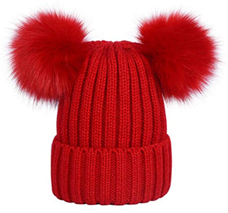LAUSONS Girls Double Pom Beanie Boys Winter Faux Fur Pompom Beanie Bobble Hat Red