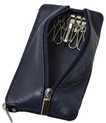 CM Conte Massimo Étui Porte-clés en Cuir Véritable pour Homme et Femme, Pochette Zippée avec 6 Crochets et Anneaux, Organisateur Clés Voiture, Bleu