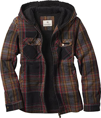Legendary Whitetails Womens Hooded Shacket with Drawstring Hood Berber Lined Shirt Jacket, Licorice root plaid, XL