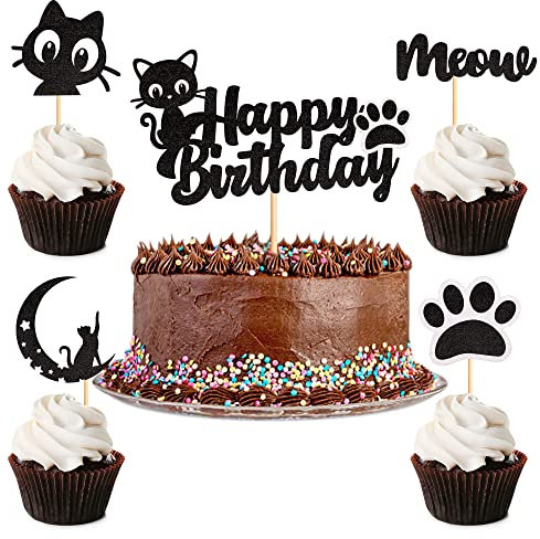 Blumomon 25 adornos para magdalenas para gatos y maullidos con purpurina negra, decoración para tartas de gatitos, amantes de los gatos, temática de baby shower, fiestas, decoraciones para tartas