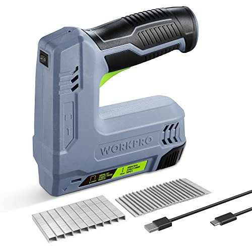 WORKPRO - Grapadora inalámbrica (3,6 V, 2000 mAh, 2000 grapas, grapadora multifunción 2 en 1, compatible con clavos y grapas tipo 53, 8 para proyectos de bricolaje en muebles, carpintería (gris)
