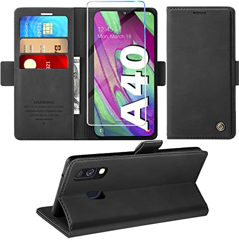 Giyer Handyhülle für Samsung Galaxy A40 Hülle mit Schutzfolie, Standfunktion Kartenfach Wallet Premium Leder Schutzhülle A40 Flip Case Cover Stoßfeste Klapphülle A40 5.9 Zoll (Schwarz)…