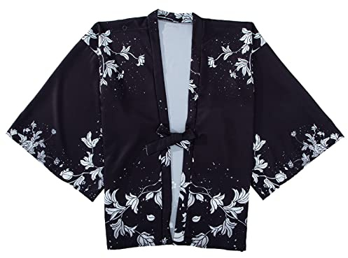 G-LIKE Kimono japonais - Ornement floral traditionnel Haori - Costume de robe de surveste - Protection solaire - Style antique - Chemise de nuit pour femme, Noir , taille unique