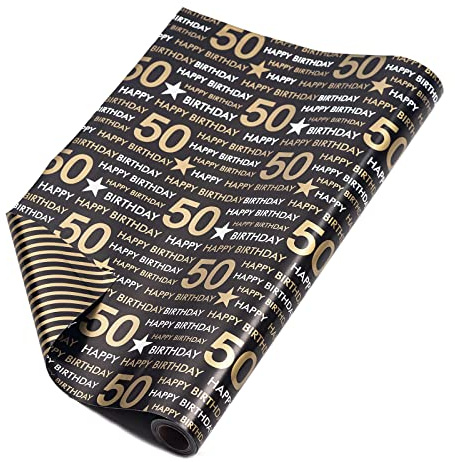 RUSPEPA Rotolo Di Carta Da Regalo Reversibile - Compleanno Di 50 Anni Motivo Nero E Oro Ottimo Per Compleanni, Feste, Baby Shower - 43,2 Cm X 10 M