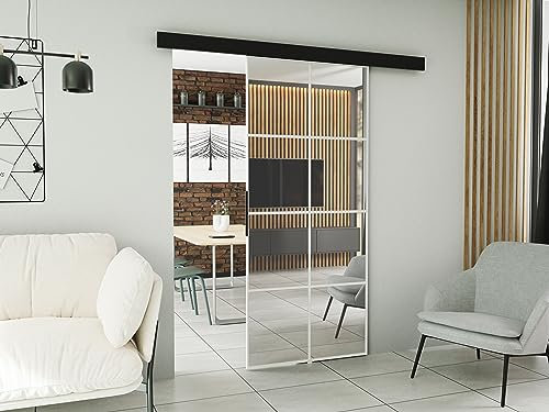 KIER FURNITURE Wandschiebetüren mit Spiegeln SOFI 80 – Schiebetür Komplettset Schiene Komplettset Mit Tür – Zimmertüren Mit Zarge Komplett - B86xH205xT1,6 cm - Weiß
