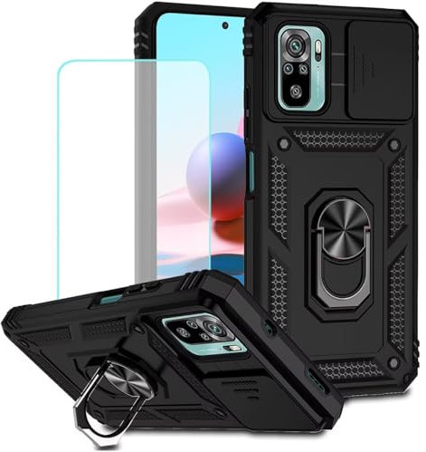 Jhxtech Funda para Redmi Note 10/Redmi Note 10S/Poco M5S con protector de pantalla de vidrio templado y cubierta de cámara deslizante, anillo magnético, soporte de coche para Xiaomi Redmi Note 10S,