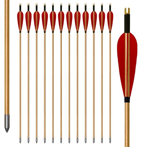 biubiusot 32 Inch Wooden Arrows Archery Traditional 12Pcs Turkey Feather Fletched Handmade Hunting Practice Targeting for Longbow Recurve Bow Traditional Horsebow (red-A)