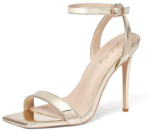 Zhabtuc Women's Stiletto Heels Ankle Strap Open Square Toe Heeled Sandals Sexy Comfort Strappy Dress High Heel Shoes Lace Up Wedding Party Sandals Shoes Gold Patent 3.5 UK