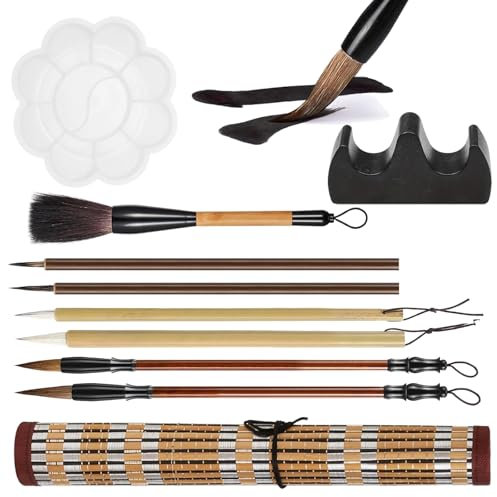 WUERKIYA Chinesischer Pinsel Set 10 STK, Professionelle Kalligraphie,Schreibpinsel, Pinsel Kanji japanischer Sumi Zeichenpinsel für Kalligraphie Hand Lettering Kanji Japanischer (mit Pinseltasche)