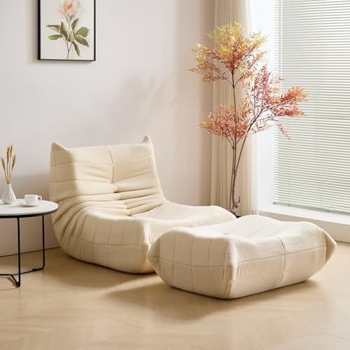 okwish Schlafsofas Relaxsessel mit Rückenlehne und Fußstütze, Lazy Sofa, Indoor-Sitzkissen, Faltbarer Meditationsstuhl, geeignet für Schlafzimmer, Wohnzimmer, Beige