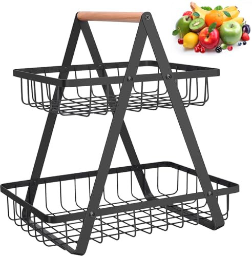 Fruteros de Cocina, Cesta para Fruta de 2 Niveles, Cesta de frutas metálica para mostrador y organizador cocina,Almacenamiento Canasta, Cesta de Frutas de Metal para, Verduras, Aperitivos y Pan