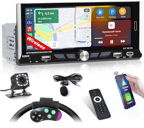Inefala bilradio Bluetooth 1 DIN med trådlös Carplay och Android Auto Radio med 6,9-tums skärm med Bluetooth, Mirror Link, stöder FM/RDS, EQ, USB, typ C, USB-ladning