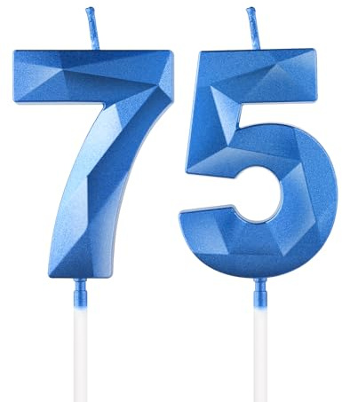 Royal Blue 75th Birthday Candles, 3D Number 75 Candle for Cake, Women Men 75th Birthday Decorations,Sapphire Candle Topper Blue Cake Decorations for Birthday Party Wedding Anniversary Supplies