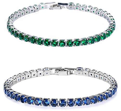 2 Stück Tennis Bracelet Damen Armband, 4mm Tennis Armband Zirkonia, Schnappdesign, Tennisarmband für Frauen für Valentinstag Muttertag Weihnachten Geburtstag Geschenke (grün blau, 19, Zentimeter)