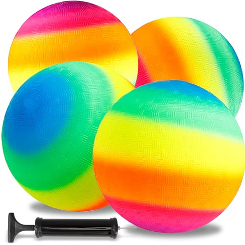 Incisite 4 Pcs Rainbow Playground Balls with 1 Hand Pump, 21.6cm Neon Sports Balls, Inflatable Multi Colors Kick Ball Handball, Colorful Rubber Bouncy Ball for Adults Indoor Outdoor Games Use