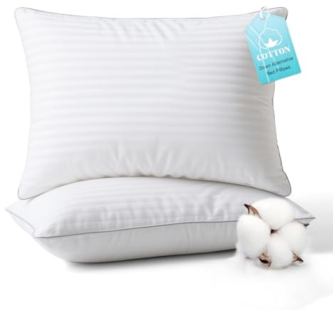 Ltinhome Bed Pillows Queen Size Set of 2-100% Cotton Cover, Down Alternative Gel Polyfill Filled, Flat Soft Medium Adjustable Hotel-Style Pillow Inserts, 20x30 Inch