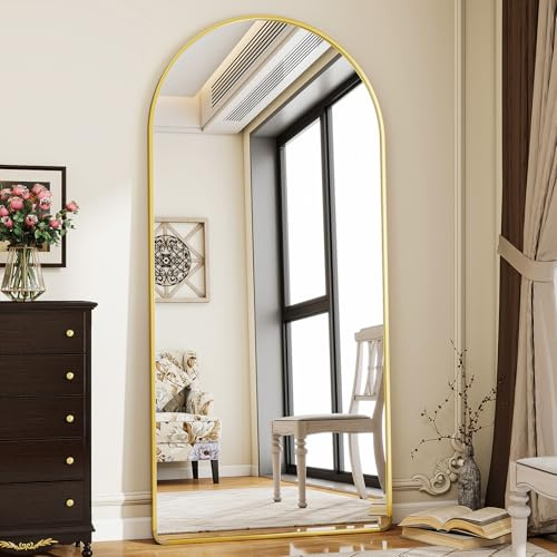 Koonmi Arched Full Length Mirror with Stand, 76 x 171 cm, Gold | Freestanding design, Wall-mountable, Can be leaned against a wall, Suitable for bedrooms/dressing areas and living rooms